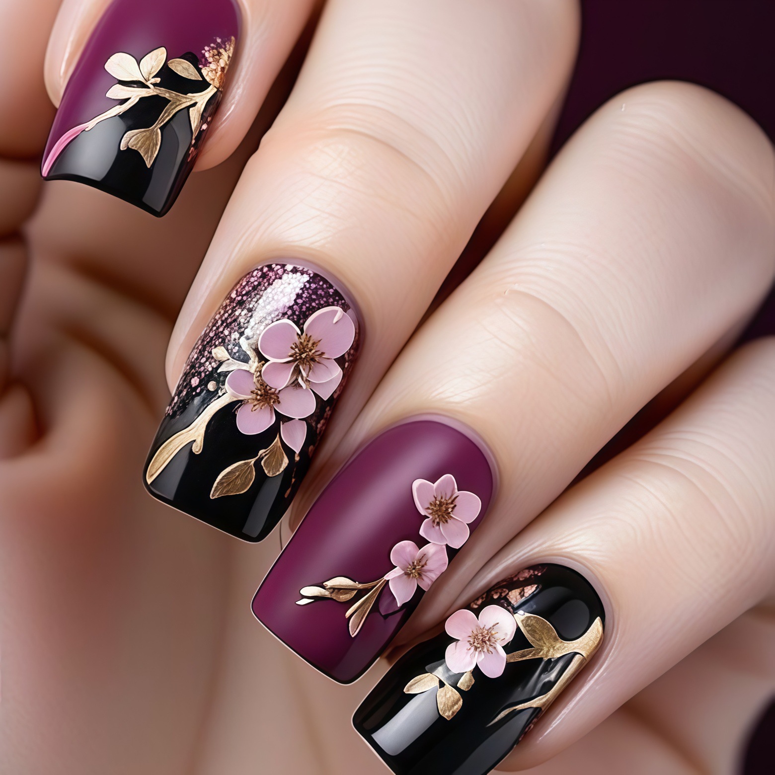 Pressed Flower Art - Faux ongles plaqués or 3D, forme